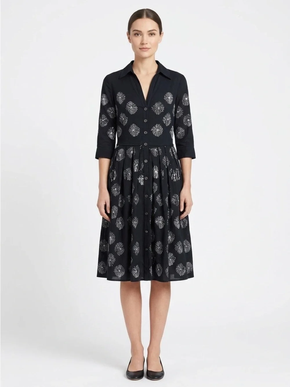 Samantha Sung Collared Shirt Dress Midi Cotton Silk Navy Blue White Size 6
